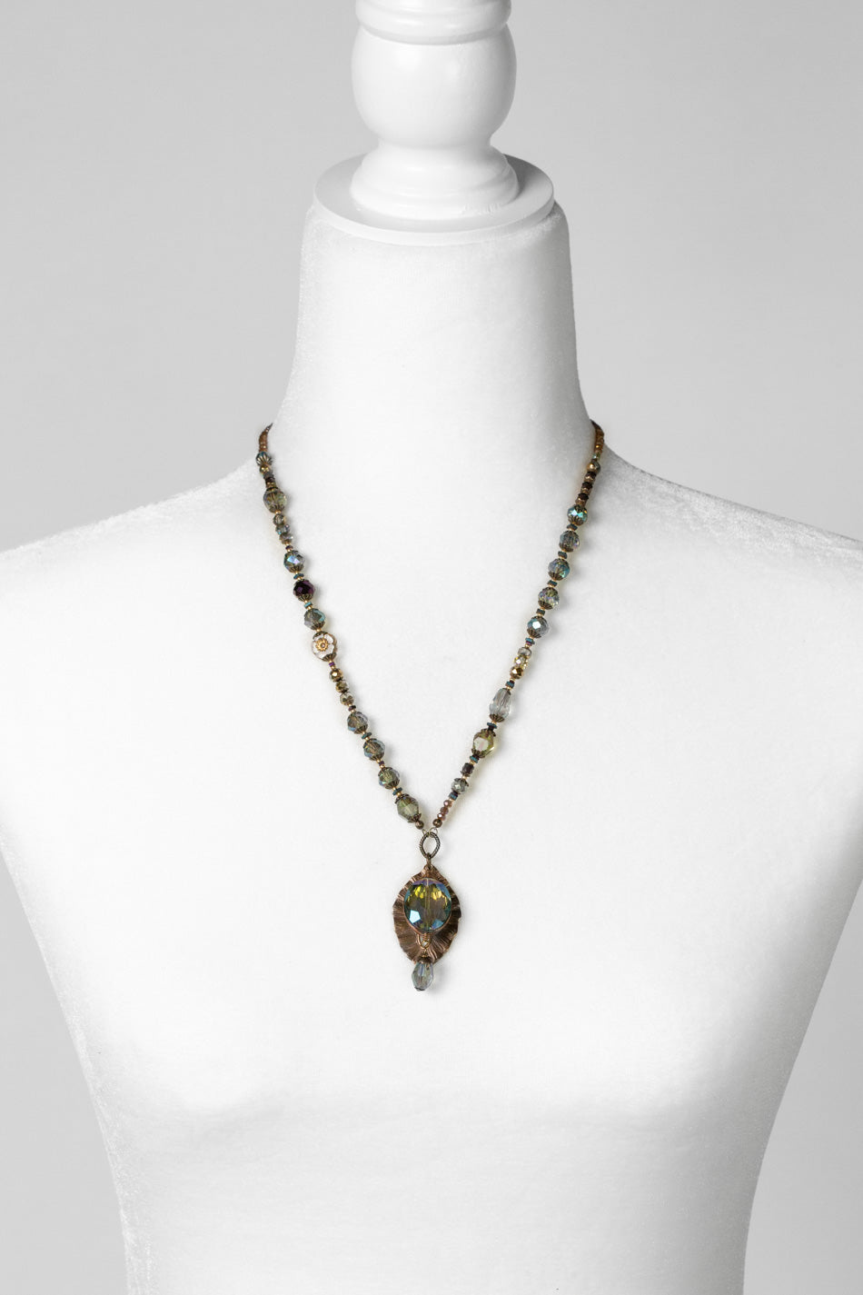 Crisp Autumn 21.5-23.5" Czech Glass Flower With Antique Brass Leaf And Faceted Crystal Collage Necklace