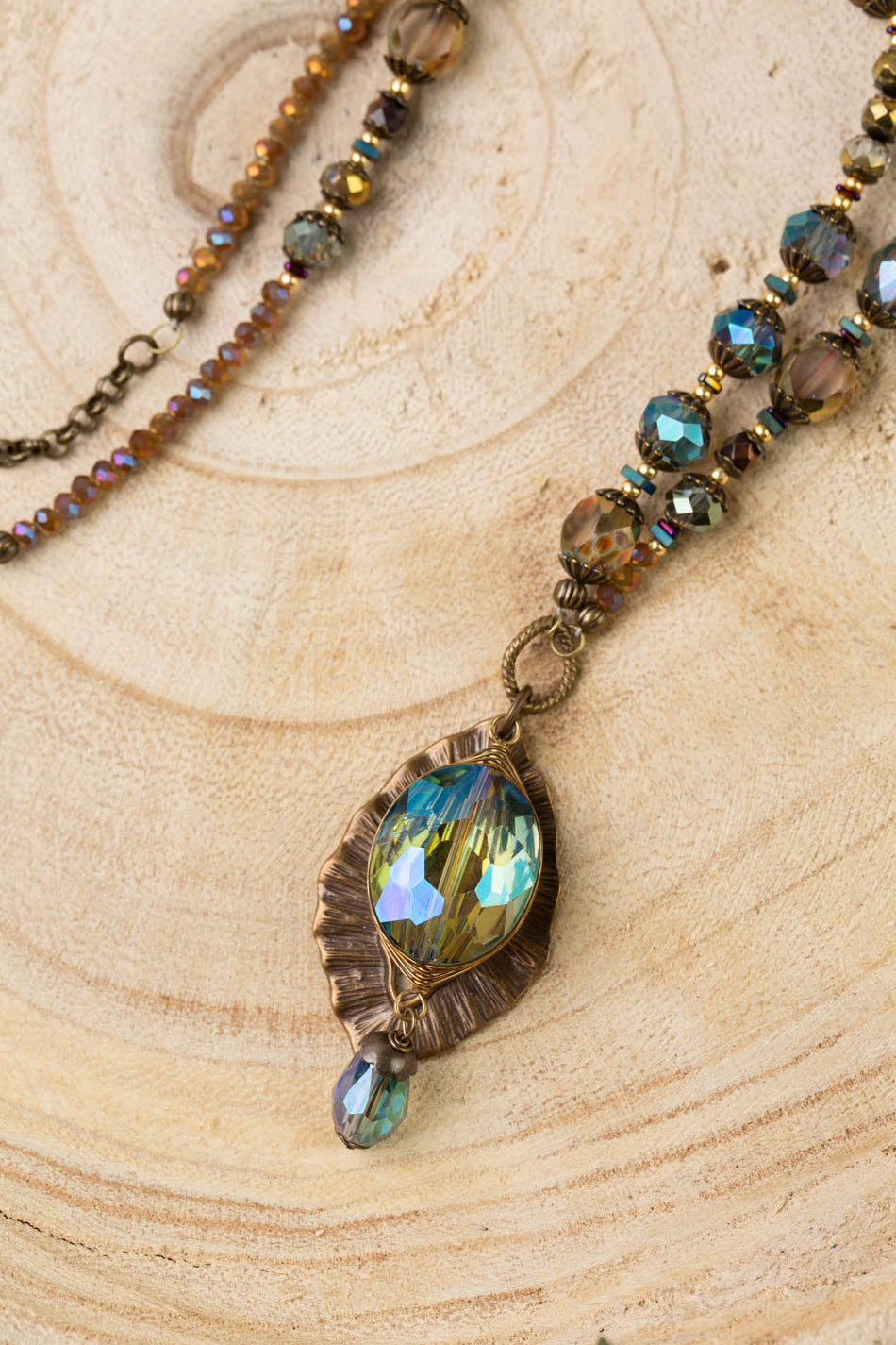 Crisp Autumn 21.5-23.5" Czech Glass Flower With Antique Brass Leaf And Faceted Crystal Collage Necklace