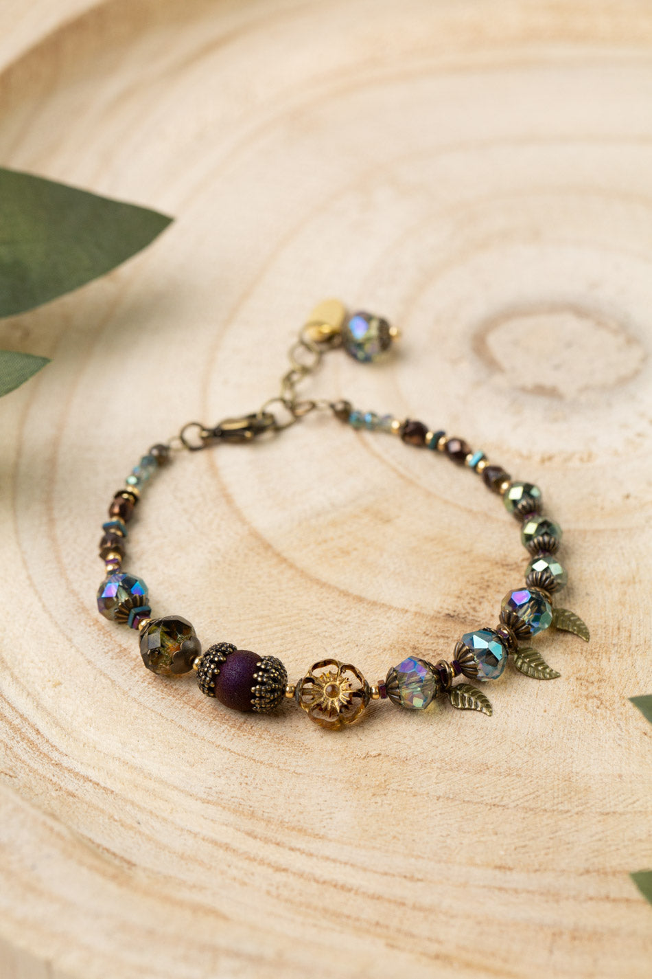 Crisp Autumn 7.5-8.5" Faceted Crystal, Czech Glass Flower, Antique Brass Leaves Collage Bracelet