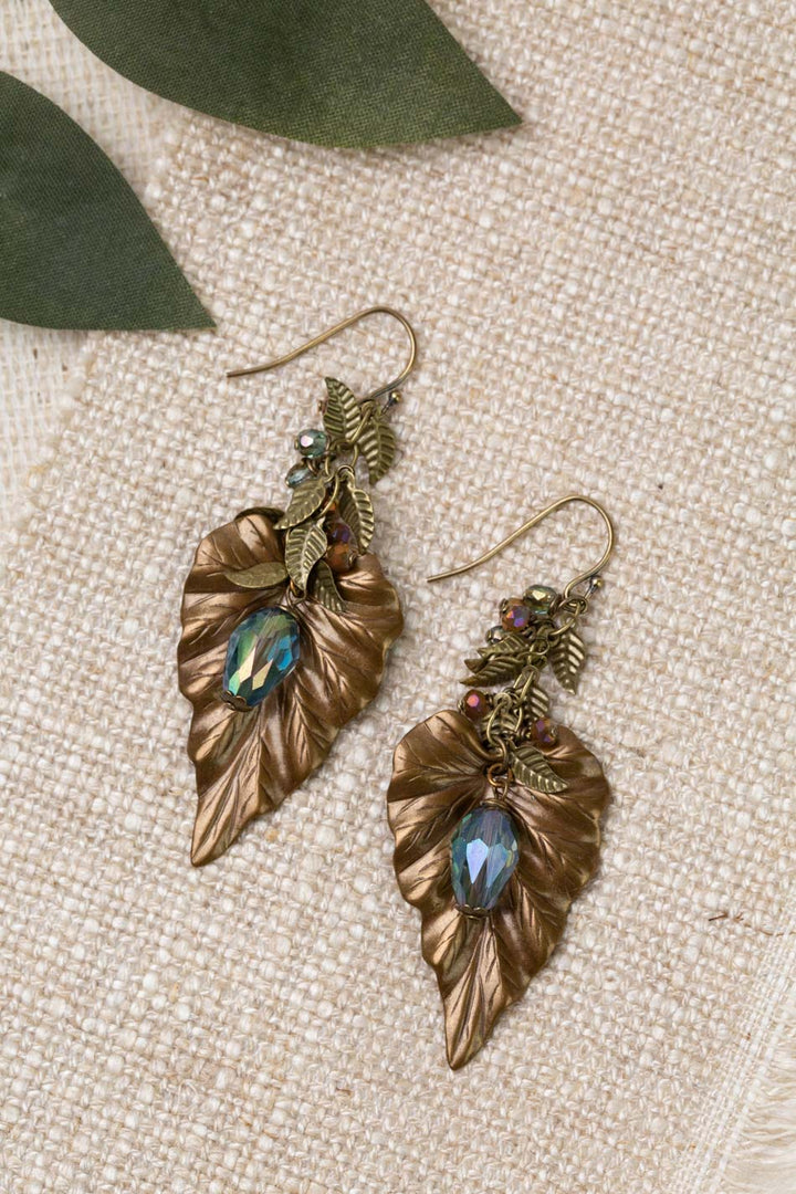 Crisp Autumn Czech Glass With Faceted Crystal Drop Dangle And Antique Brass Leaves Statement Earrings