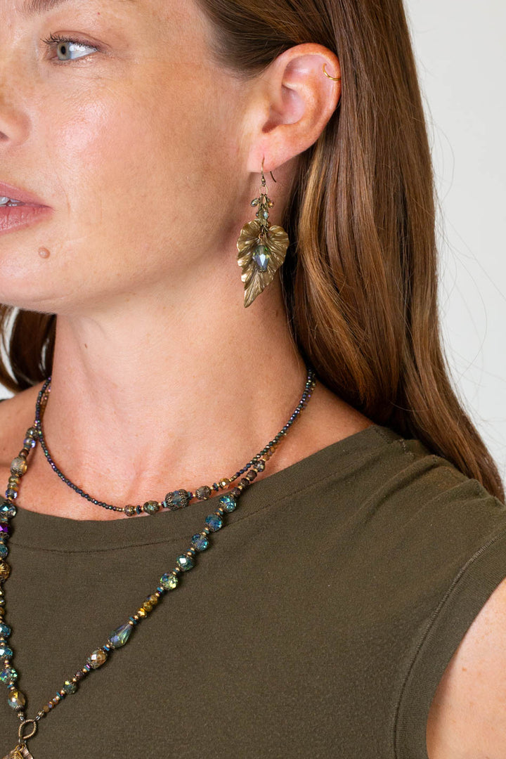 Crisp Autumn Czech Glass With Faceted Crystal Drop Dangle And Antique Brass Leaves Statement Earrings