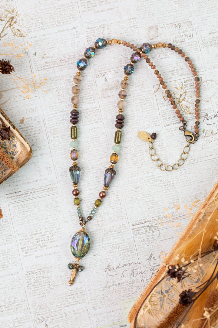 Crisp Autumn 18.5-20.5" Green Jade, Crystal, Freshwater Pearl Statement Necklace