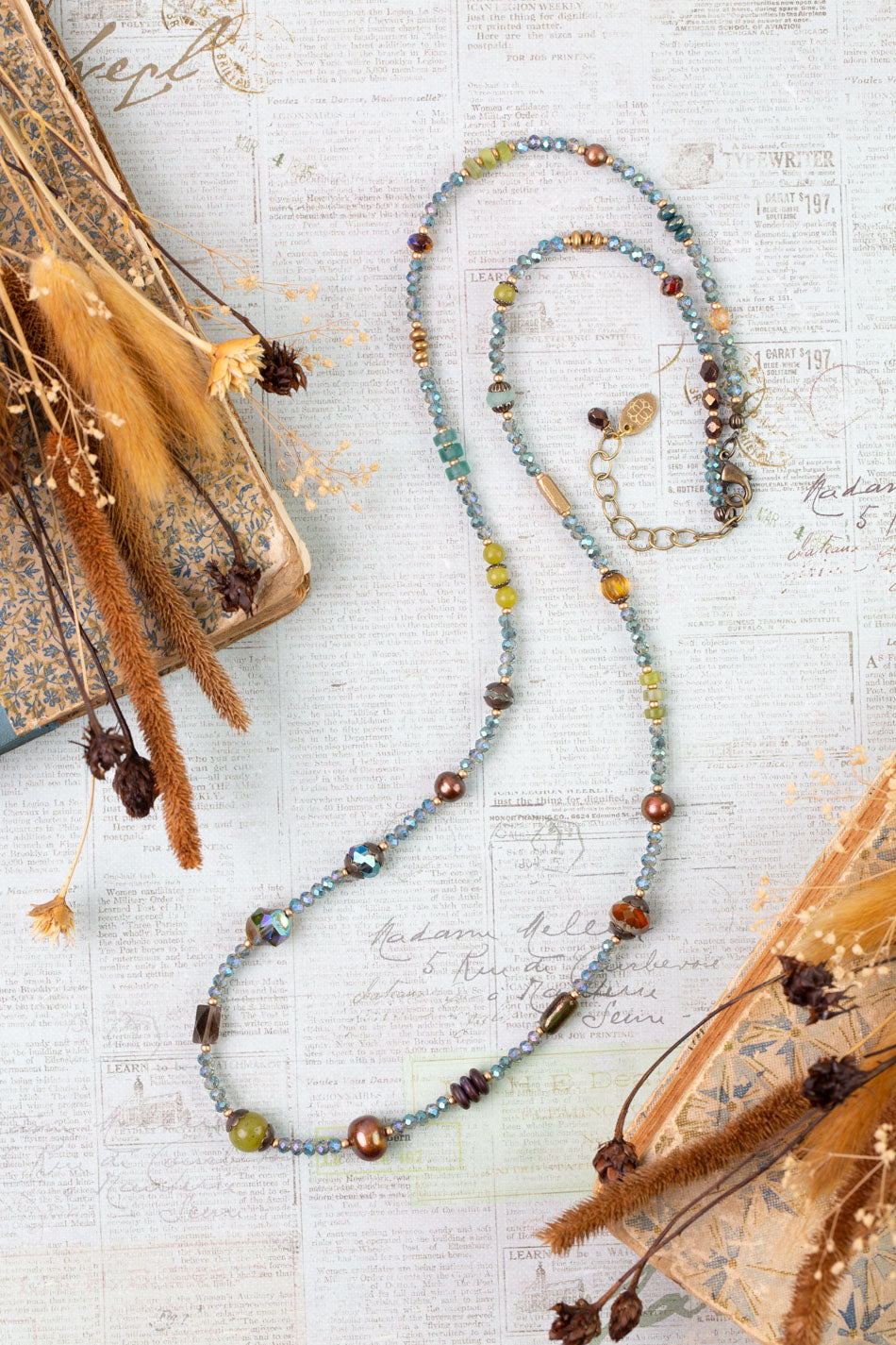 Crisp Autumn 26-28" Green Jade, Crystal, Freshwater Pearl Collage Necklace