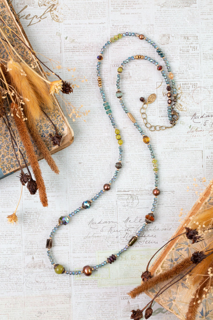 Crisp Autumn 26-28" Green Jade, Crystal, Freshwater Pearl Collage Necklace