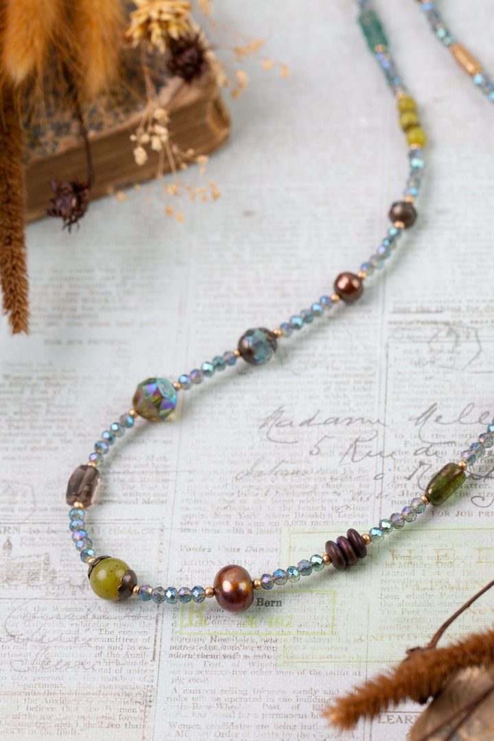 Crisp Autumn 26-28" Green Jade, Crystal, Freshwater Pearl Collage Necklace