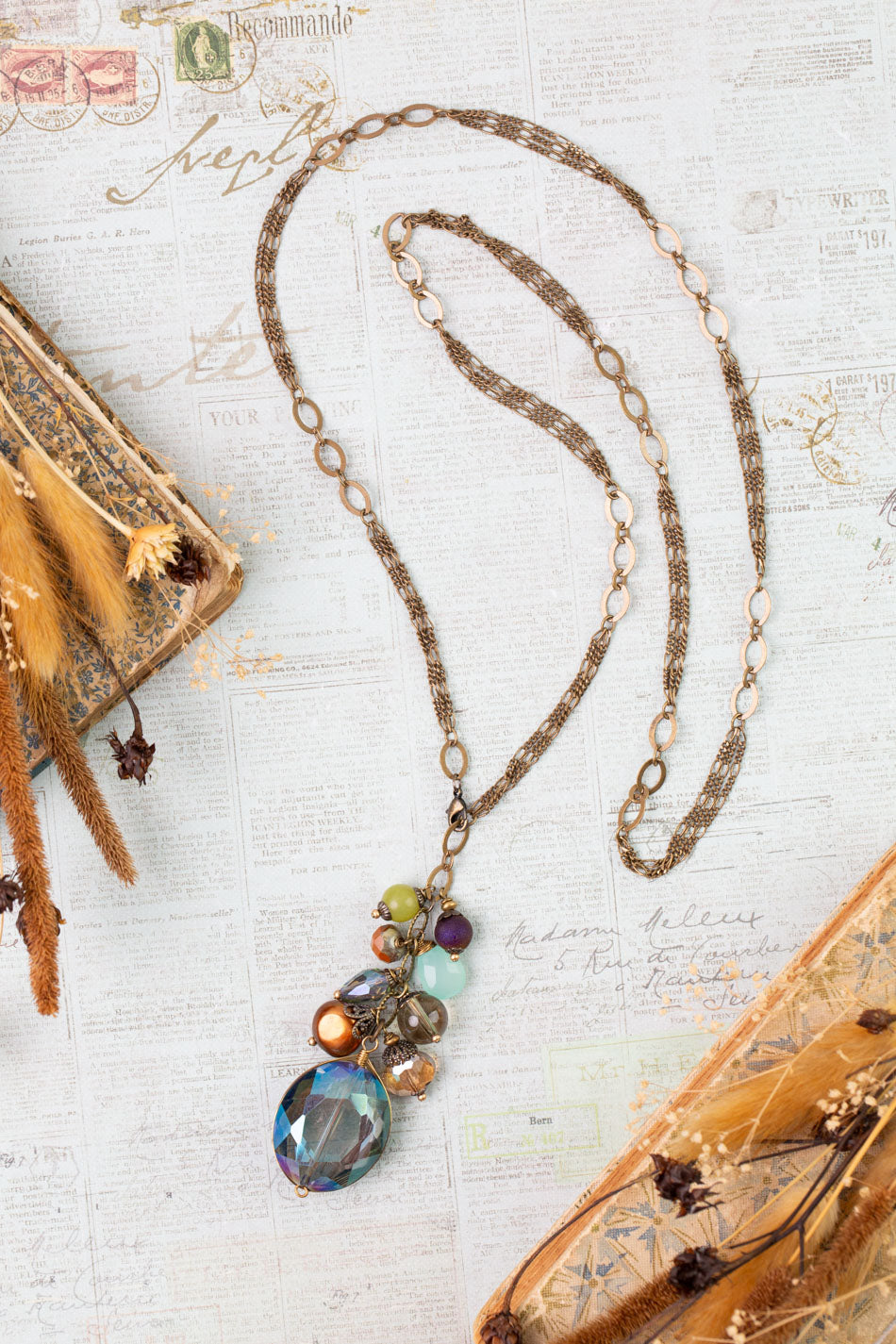 Crisp Autumn 29.5" Green Jade, Chalcedony, Freshwater Pearl Cluster Necklace