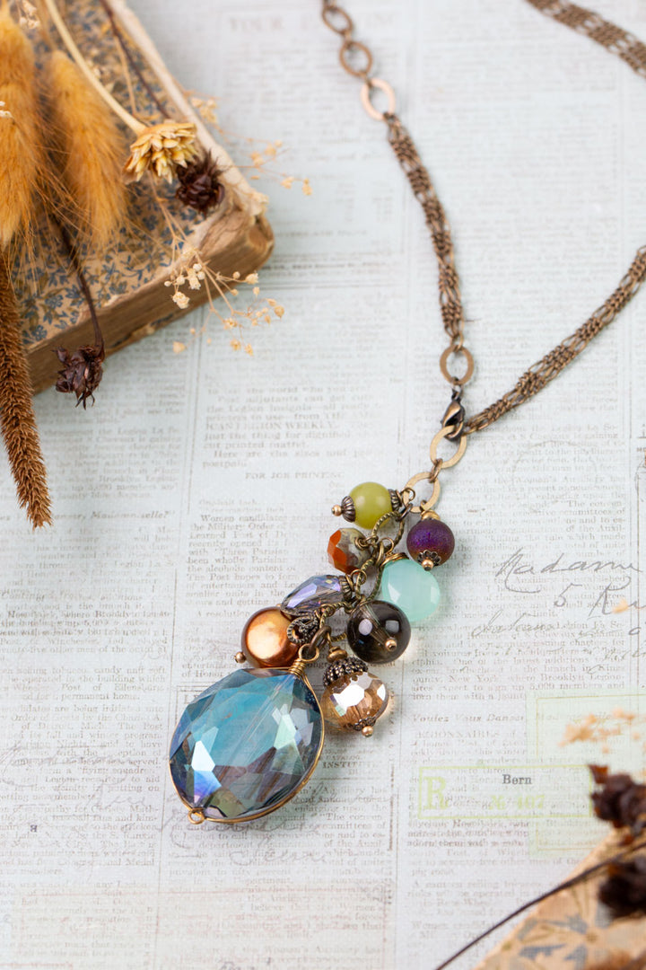 Crisp Autumn 29.5" Green Jade, Chalcedony, Freshwater Pearl Cluster Necklace