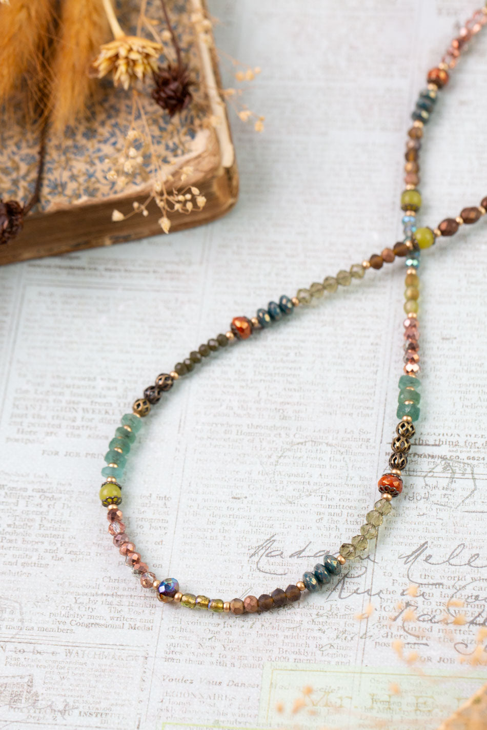 Crisp Autumn 17-19" Green Jade, Crystal, Roman Glass Collage Necklace