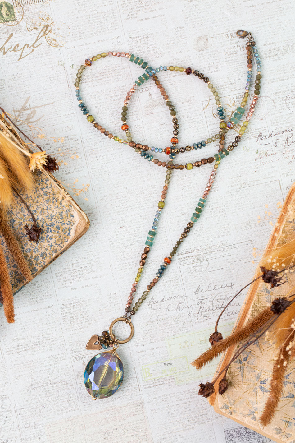 Crisp Autumn 16.5 or 32.5" Roman Glass, Crystal, Green Jade Cluster Necklace