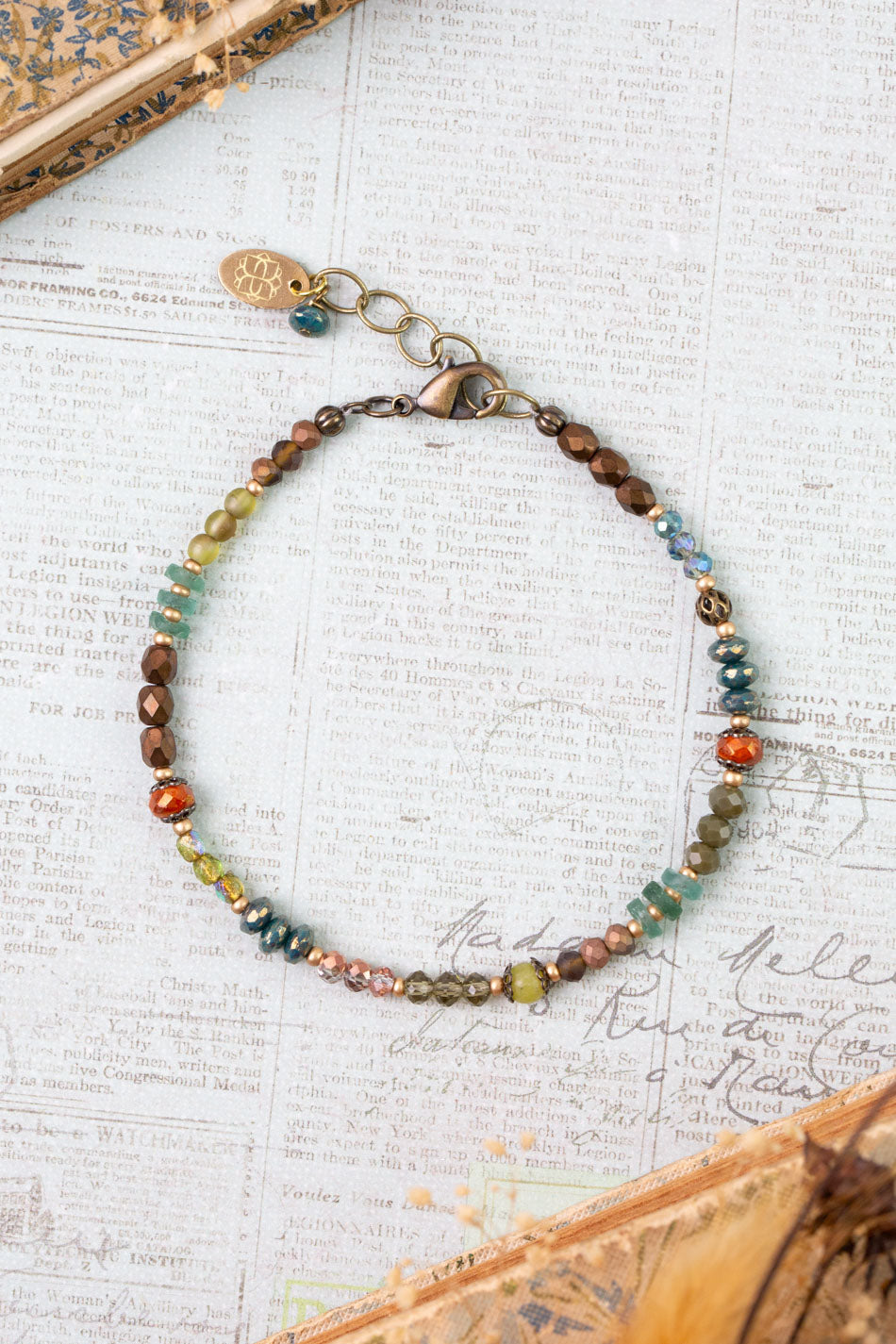 Crisp Autumn 7.5-8.5" Green Jade, Crystal, Roman Glass Collage Bracelet