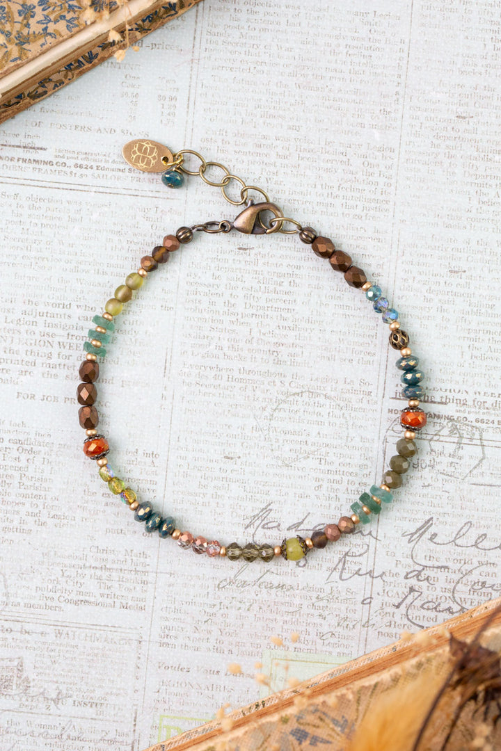 Crisp Autumn 7.5-8.5" Green Jade, Crystal, Roman Glass Collage Bracelet