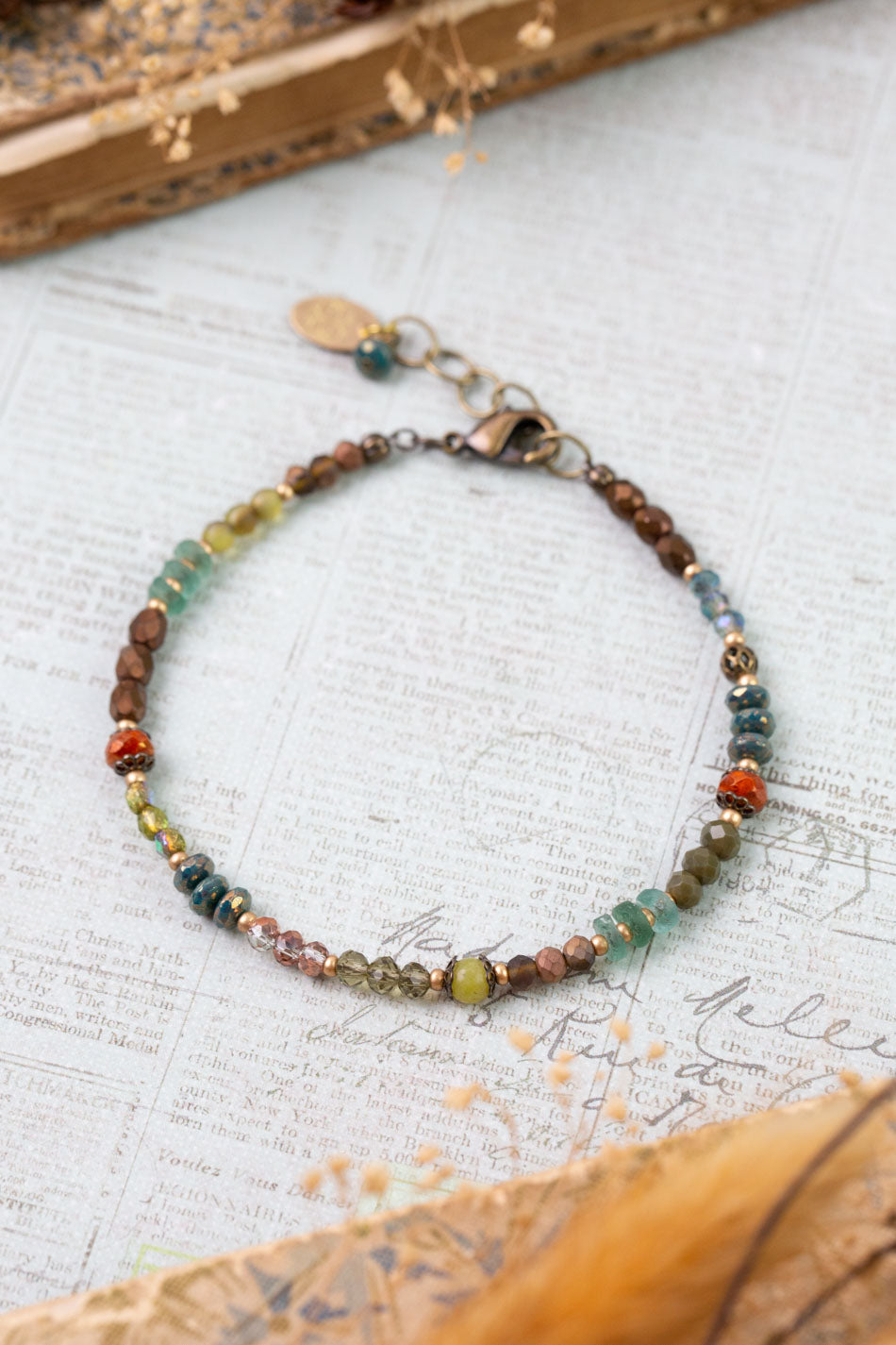 Crisp Autumn 7.5-8.5" Green Jade, Crystal, Roman Glass Collage Bracelet