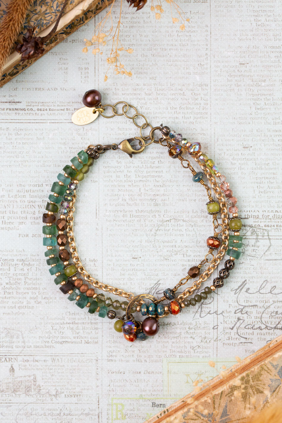 Crisp Autumn 7.5-8.5" Green Jade, Roman Glass, Freshwater Pearl Multistrand Bracelet