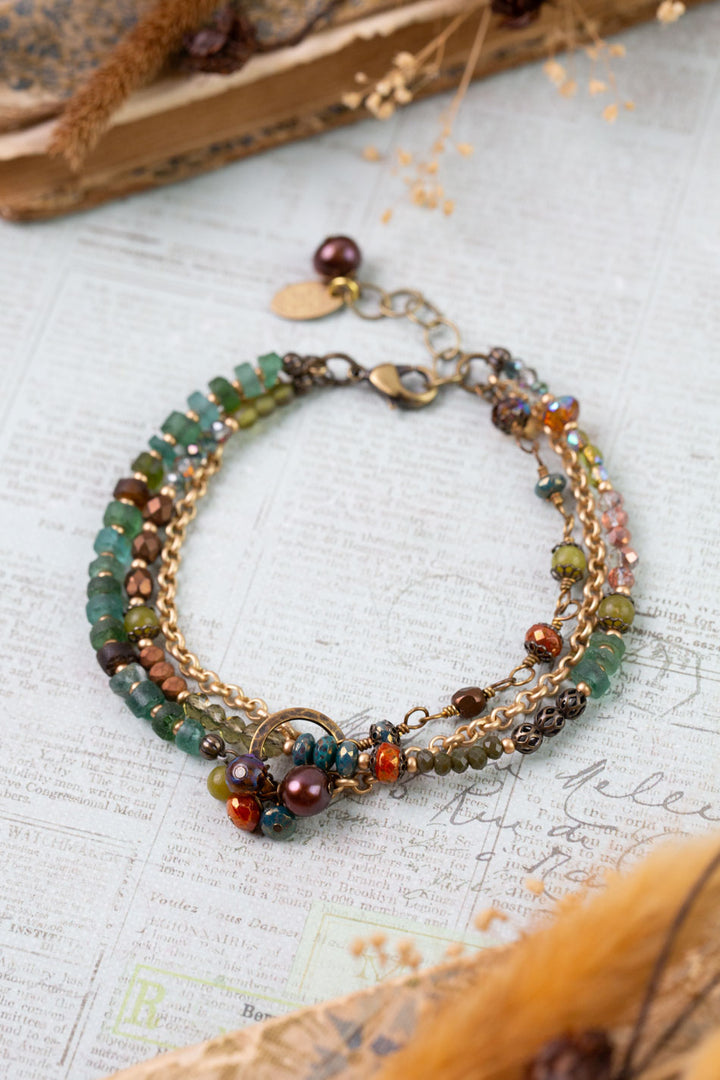 Crisp Autumn 7.5-8.5" Green Jade, Roman Glass, Freshwater Pearl Multistrand Bracelet