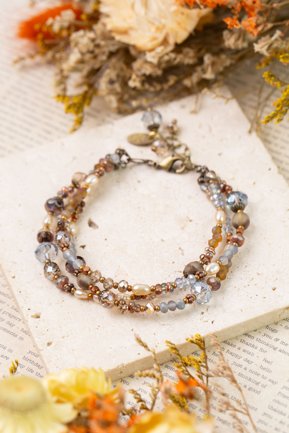 Copper Tides 7.5-8.5" Crystal, Freshwater Pearl, Czech Glass Multistrand Bracelet