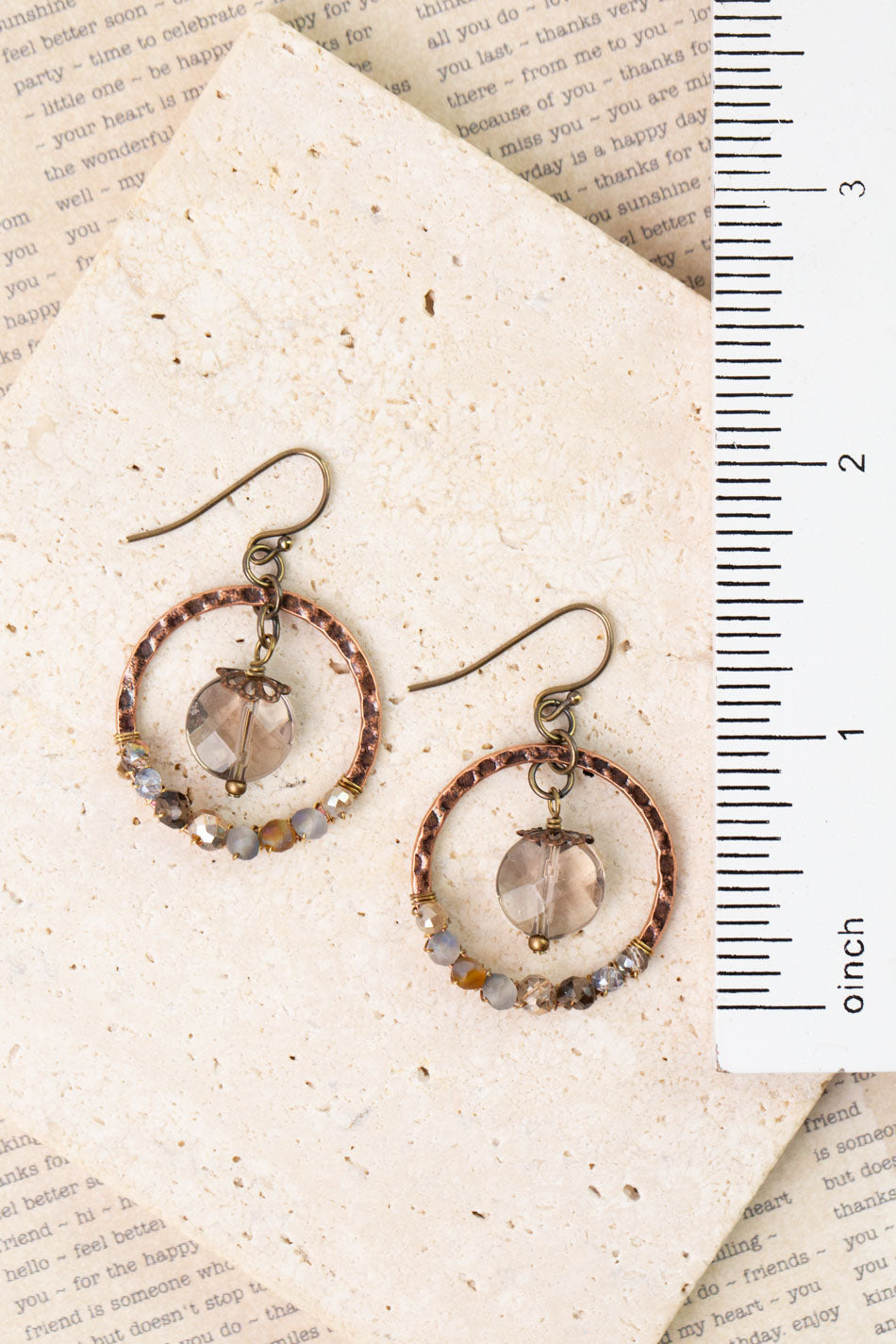 Copper Tides Czech Glass, Crystal, Smoky Quartz Hoop Earrings