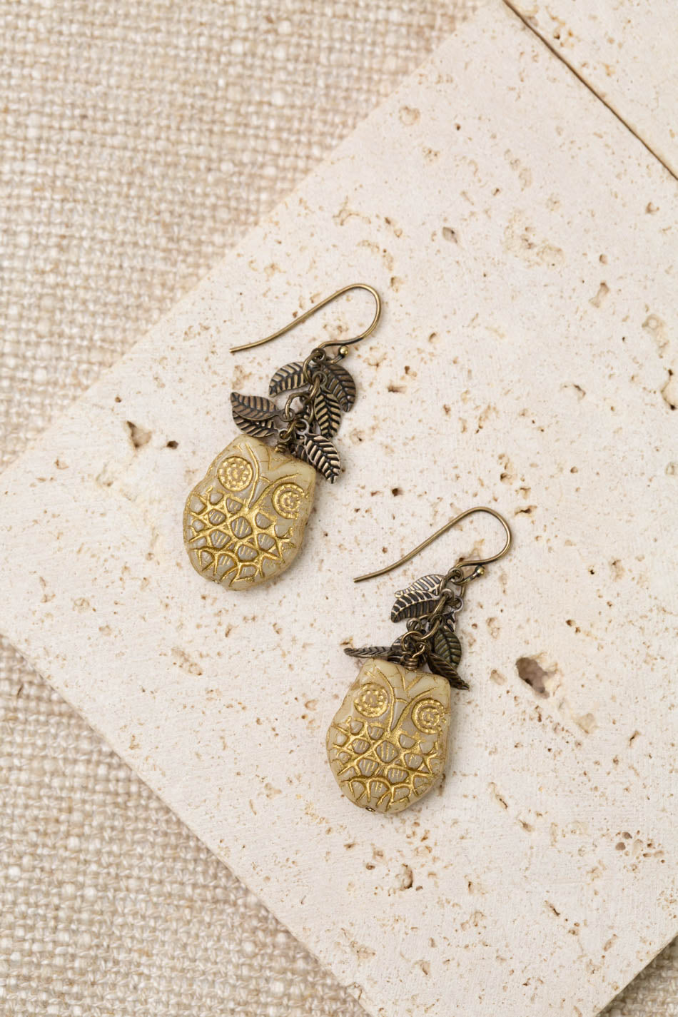 Czech Glass Beige And Gold Owl Statement Earrings