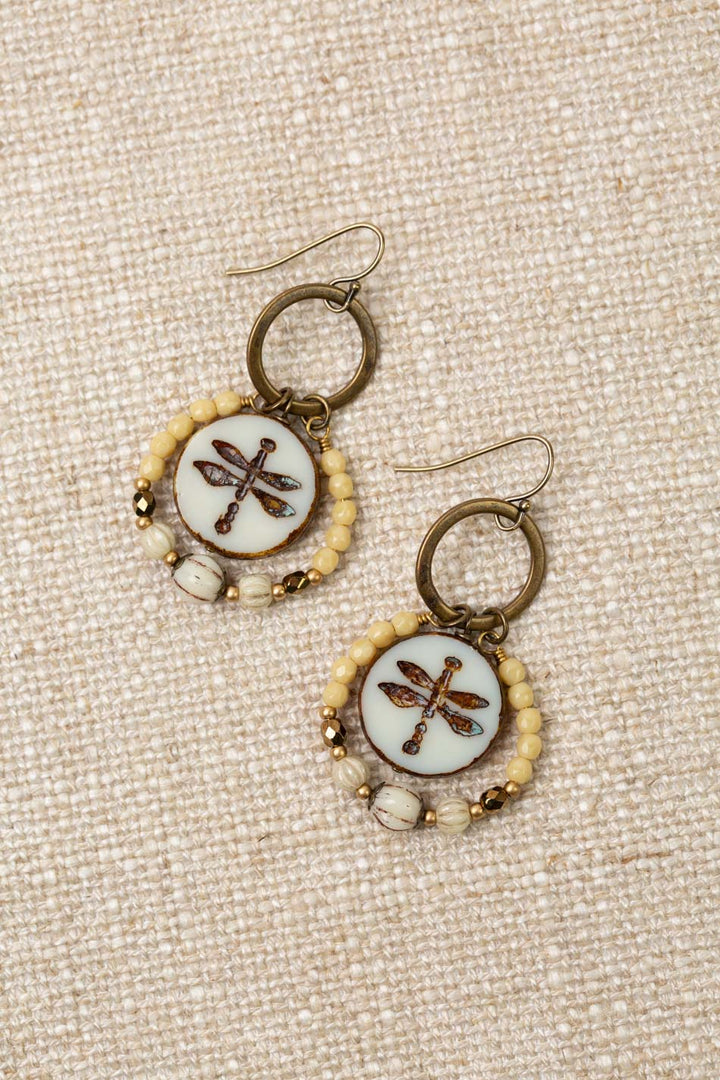 Czech Glass Stamped Dragonfly Hoop Earrings