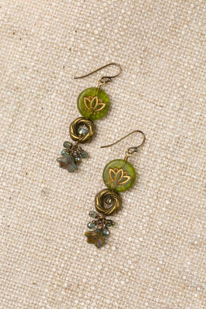 Czech Glass Green Lotus With Gold Etching Dangle Earrings