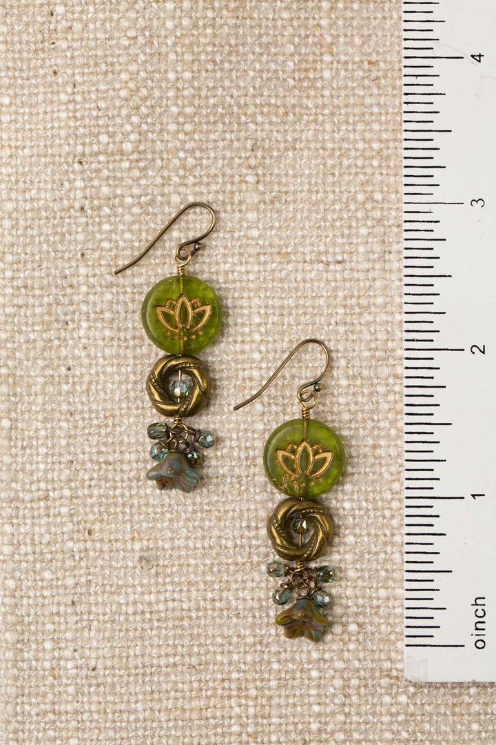 Czech Glass Green Lotus With Gold Etching Dangle Earrings