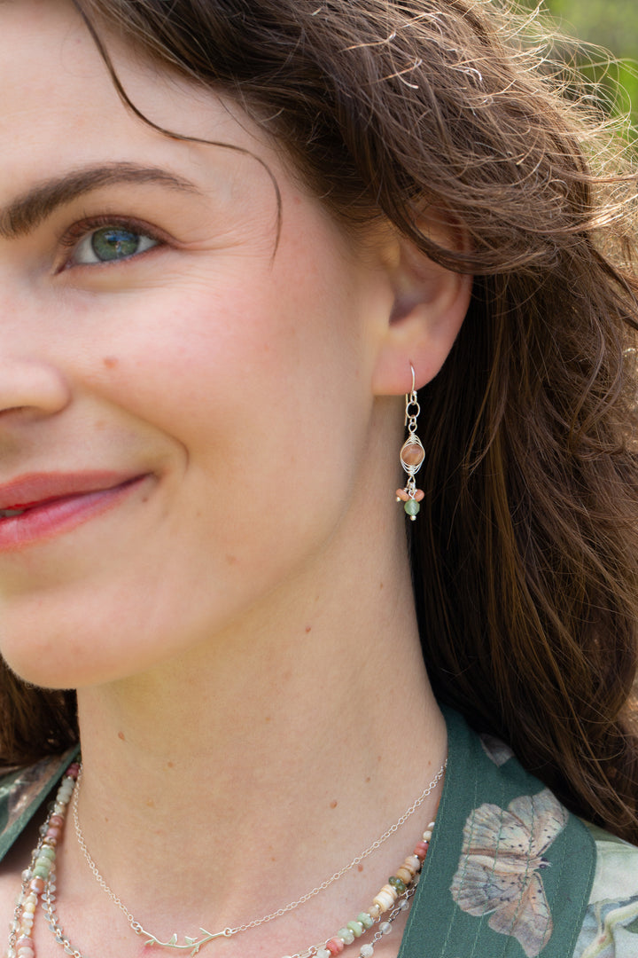 Calming Fleurs Chrysoprase, Pink Moonstone Herringbone Earrings
