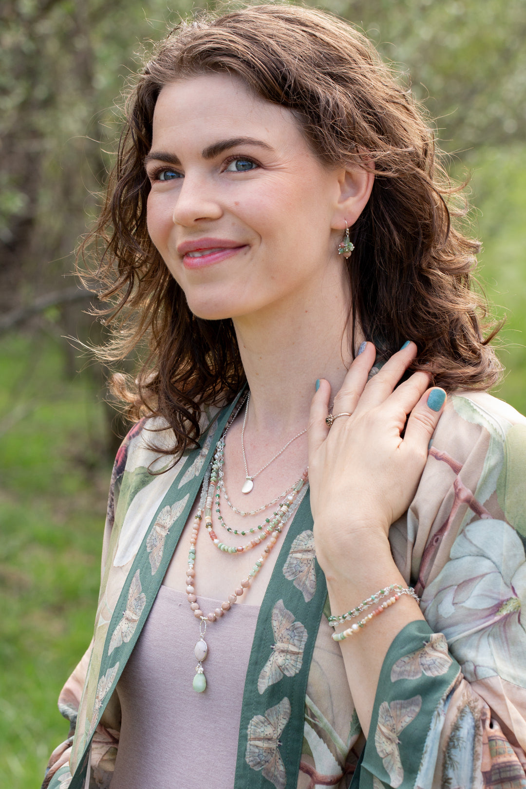 Calming Fleurs 7.5-8.5" Pink Opal, Chrysoprase, Freshwater Pearl Multistrand Bracelet