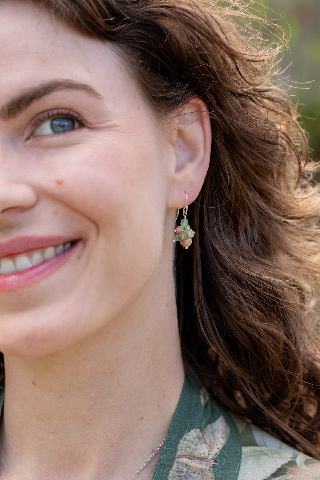 Calming Fleurs Shell, Peach Moonstone, Chrysoprase Cluster Earrings