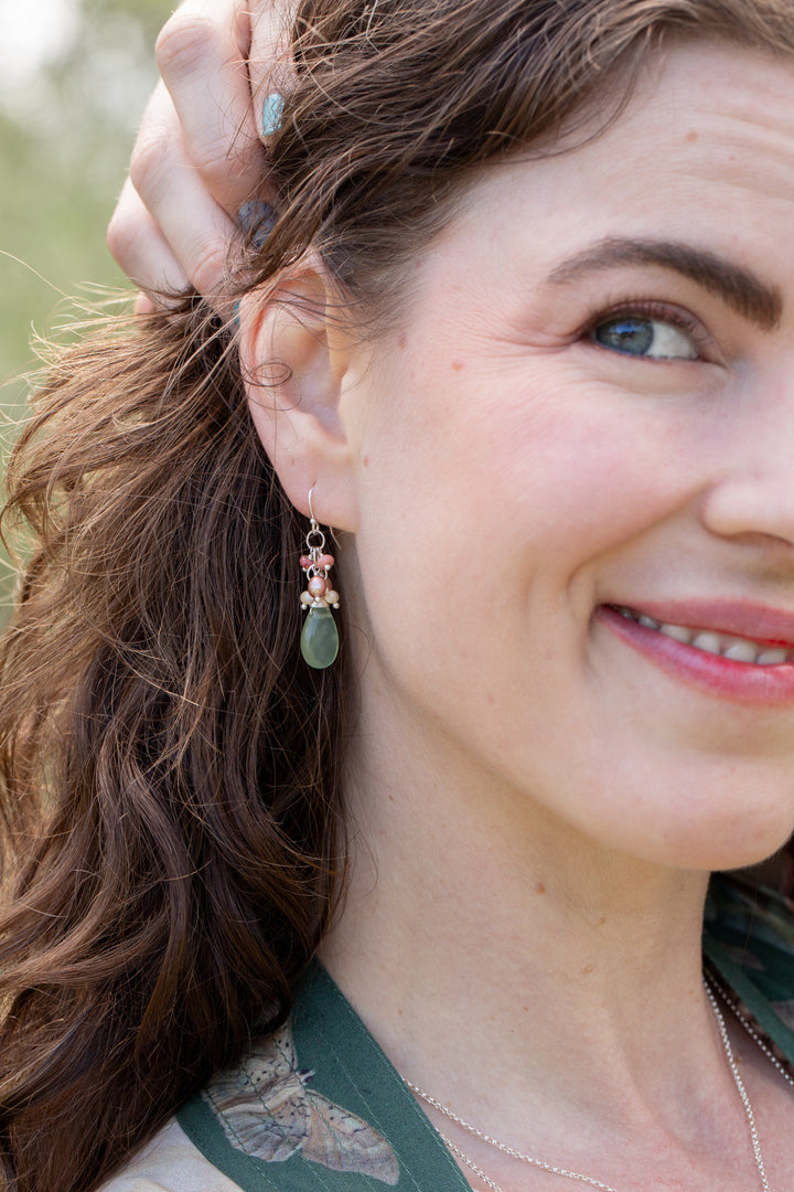Calming Fleurs Shell, Freshwater Pearl with Prehnite Cluster Earrings