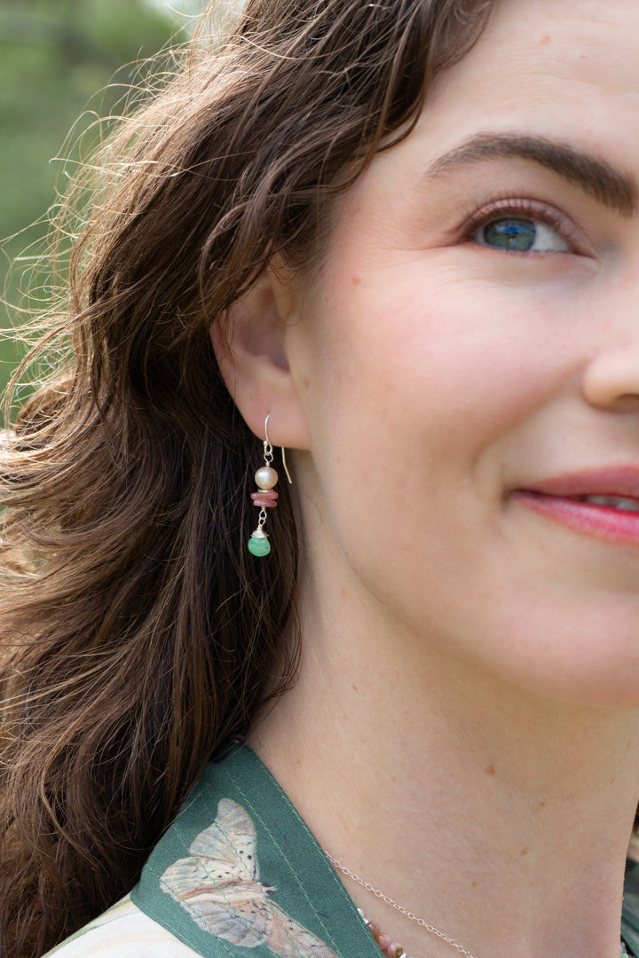 Calming Fleurs Rhodochrosite, Freshwater Pearl, Chrysoprase Dangle Earrings