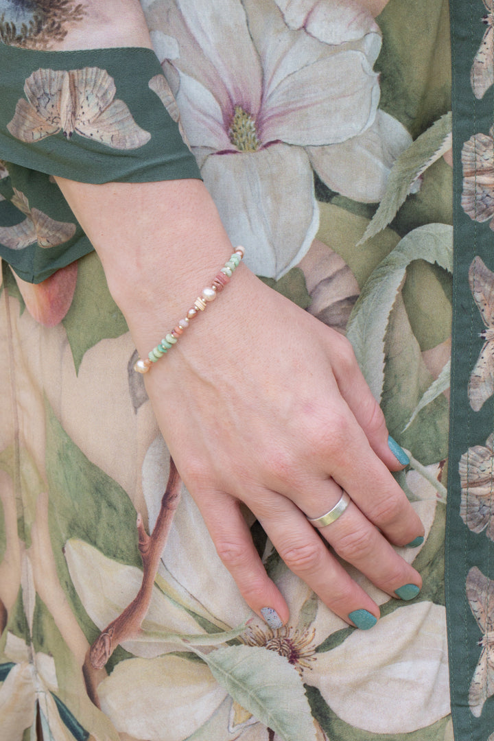 Calming Fleurs 7.5-8.5" Chrysoprase, Rhodochrosite, Pink Opal Collage Bracelet