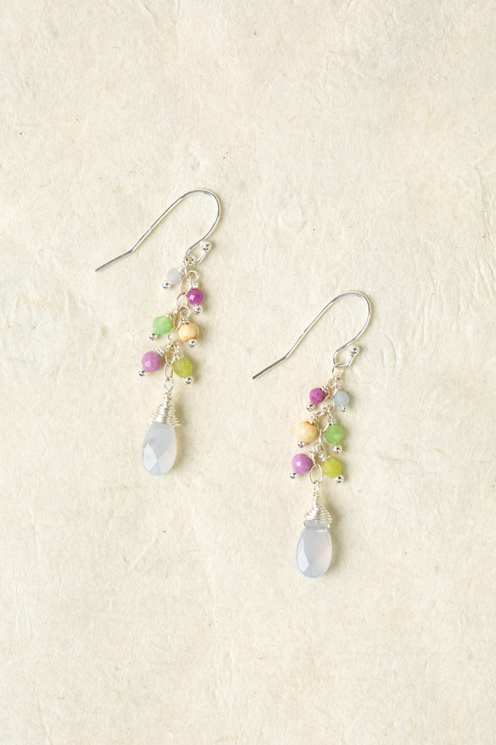 Cave Spring Phosphosiderite, Olive Jade, Chrysoprase With Blue Lace Chalcedony Cluster Earrings
