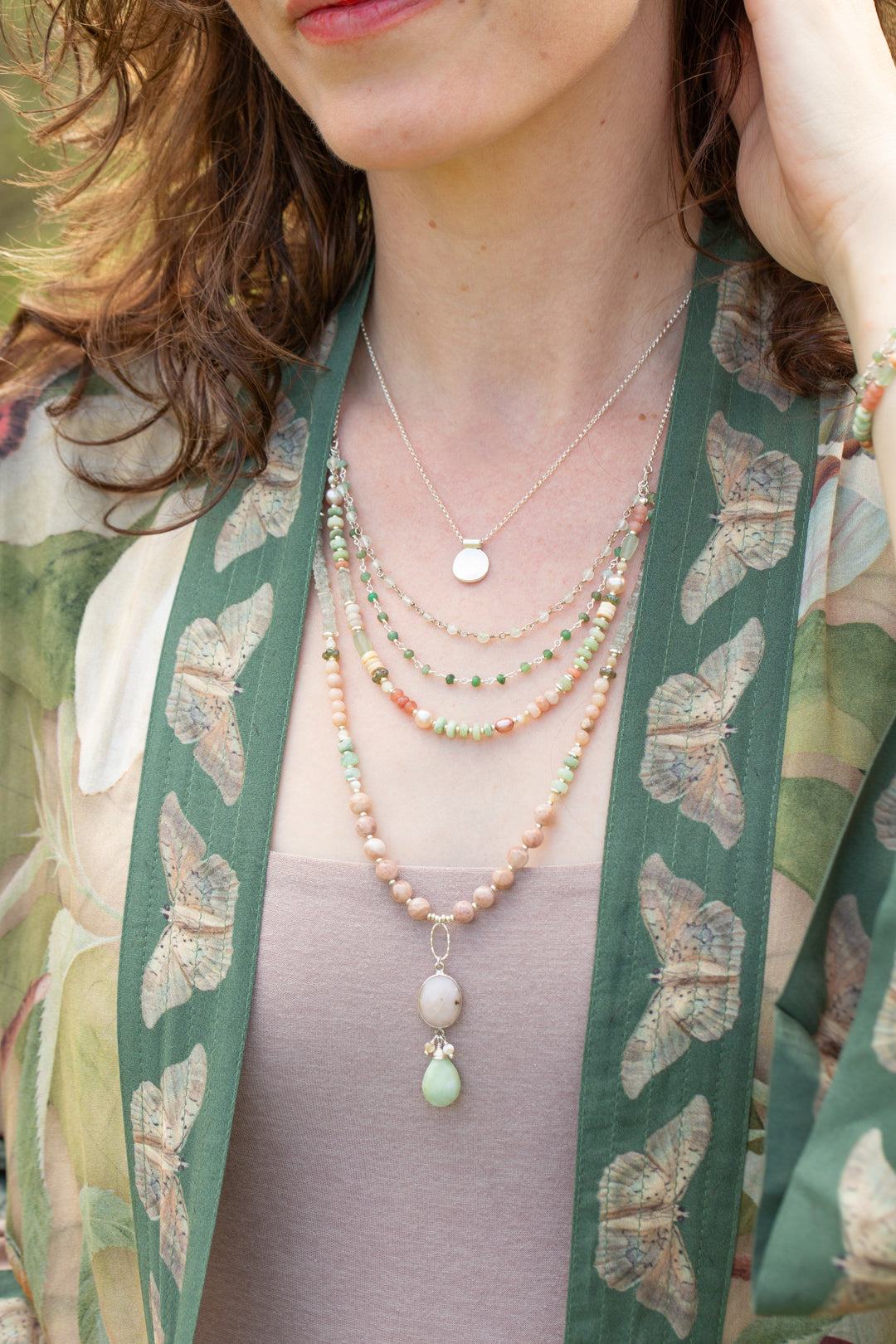 Calming Fleurs 24-26" Peach Moonstone, Chrysoprase, Green Amethyst with Pink Opal Statement Necklace