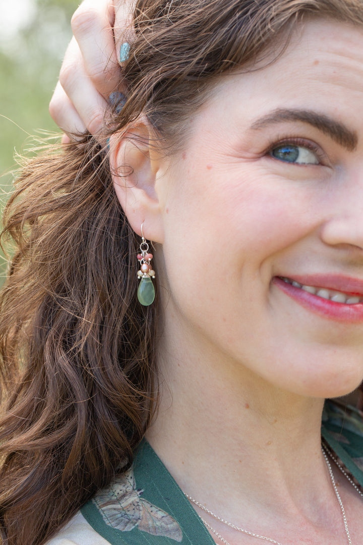 Calming Fleurs Shell, Freshwater Pearl with Prehnite Cluster Earrings