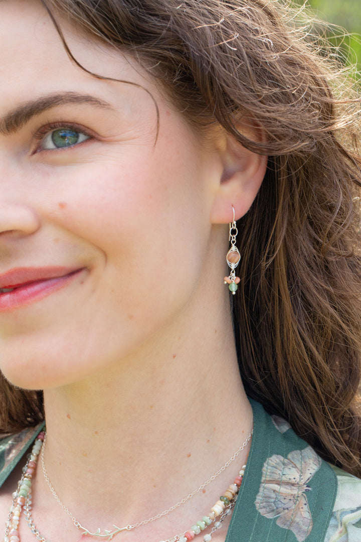 Calming Fleurs Chrysoprase, Pink Moonstone Herringbone Earrings