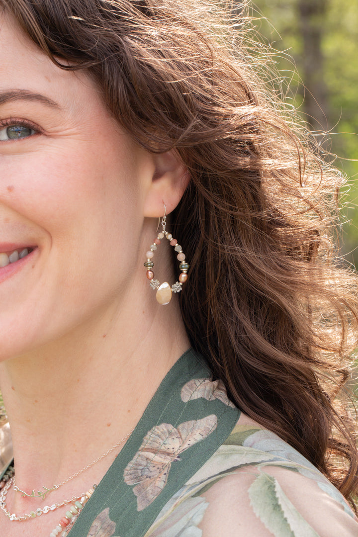 Calming Fleurs Freshwater Pearl, Shell, Green Amethyst Hoop Earrings