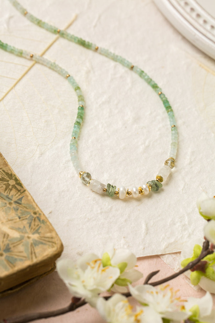 Contentment 16-18 Green Opal, Rainbow Moonstone, Green Amethyst Simple Necklace