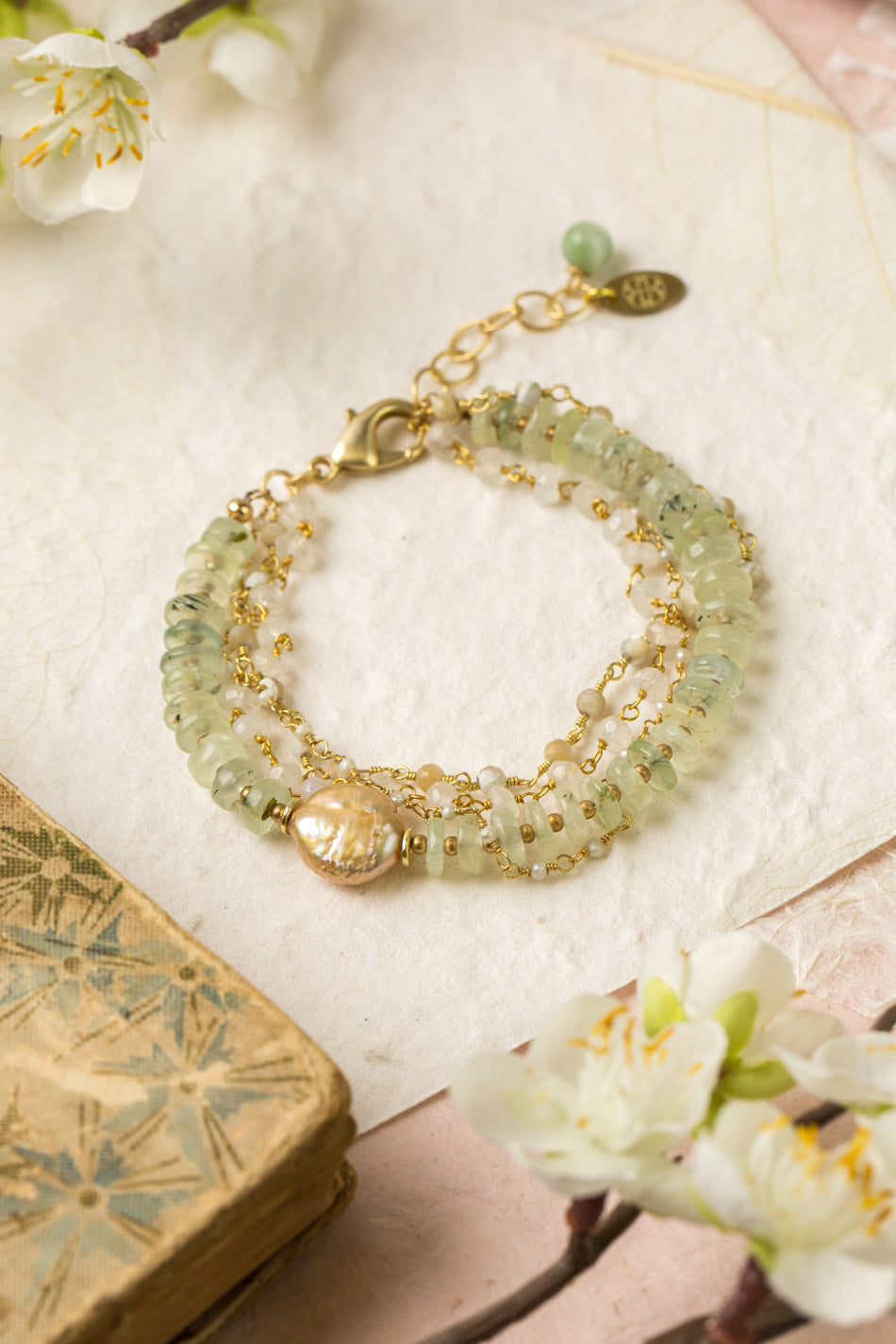 Contentment 7.5-8.5" Green Amethyst, Pearl, Rainbow Moonstone Multistrand Bracelet
