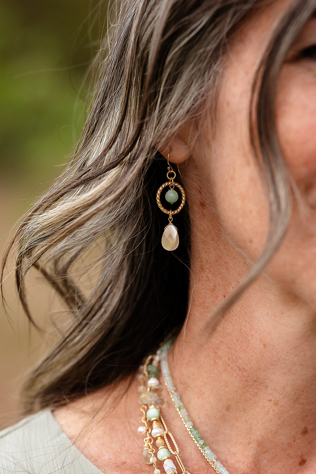 Contentment Green Aventurine, Mother Of Pearl Dangle Earrings