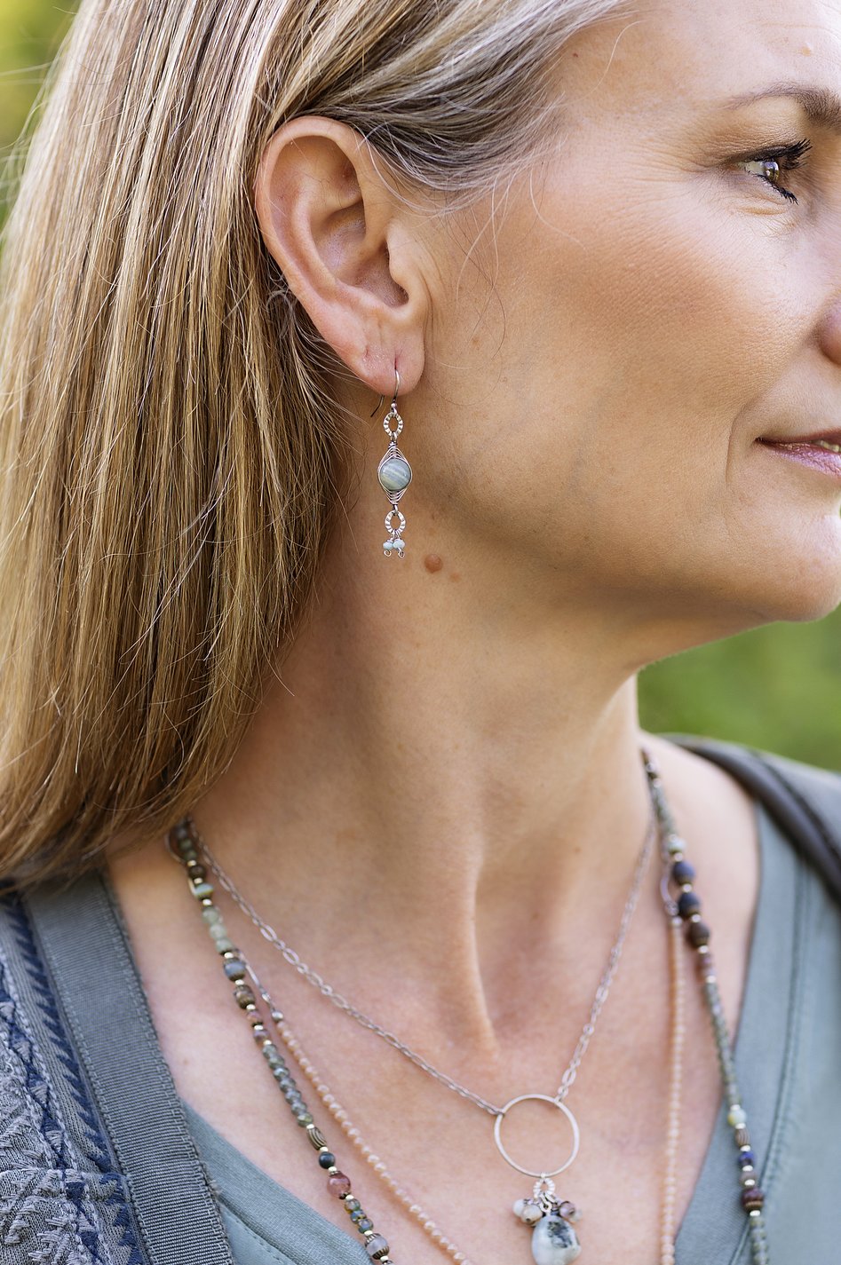 Courage Larimar, Aquatine, Calcite Herringbone Earrings