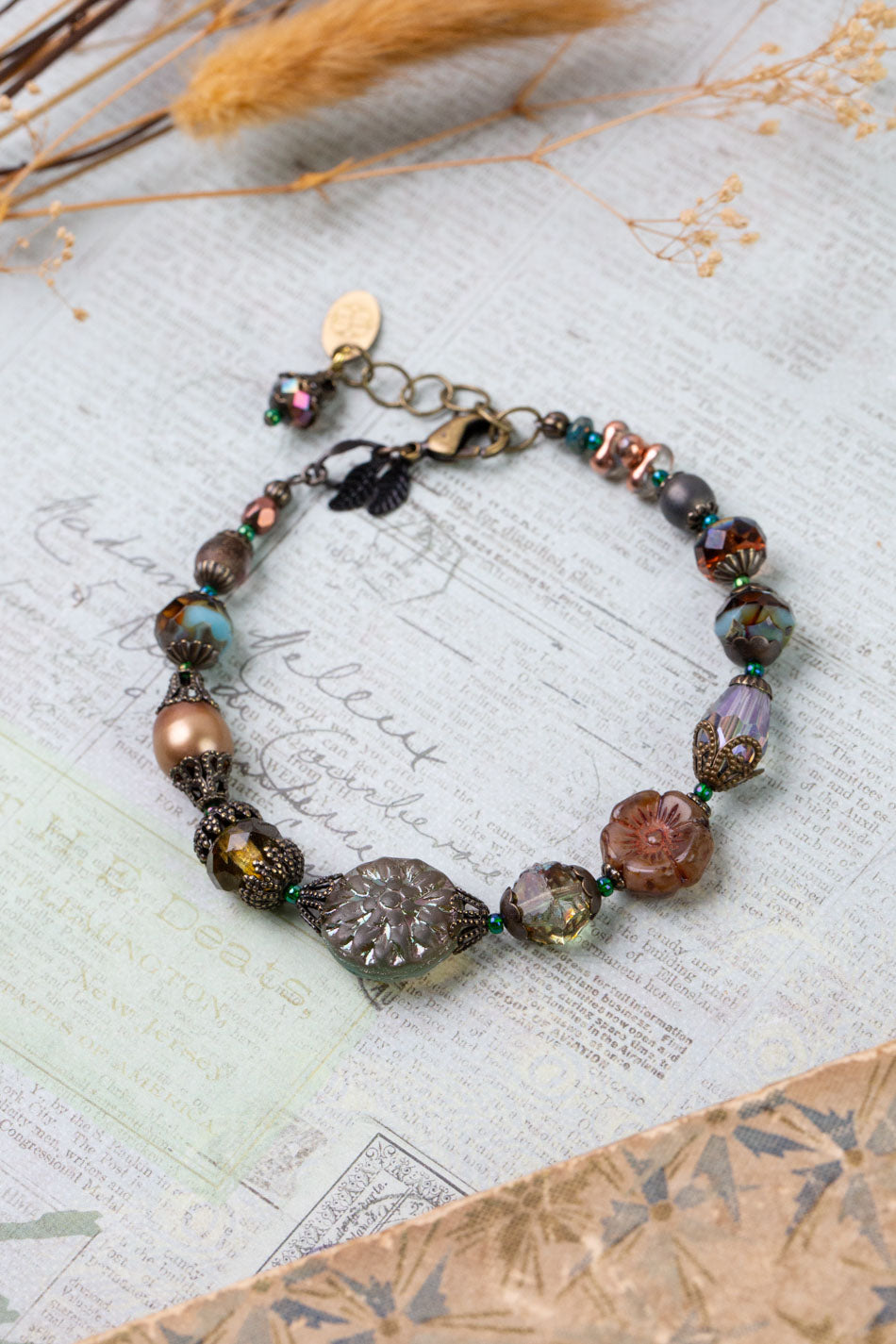 Crisp Autumn 7.5-8.5" Czech Glass, Crystal, Freshwater Pearl Simple Bracelet