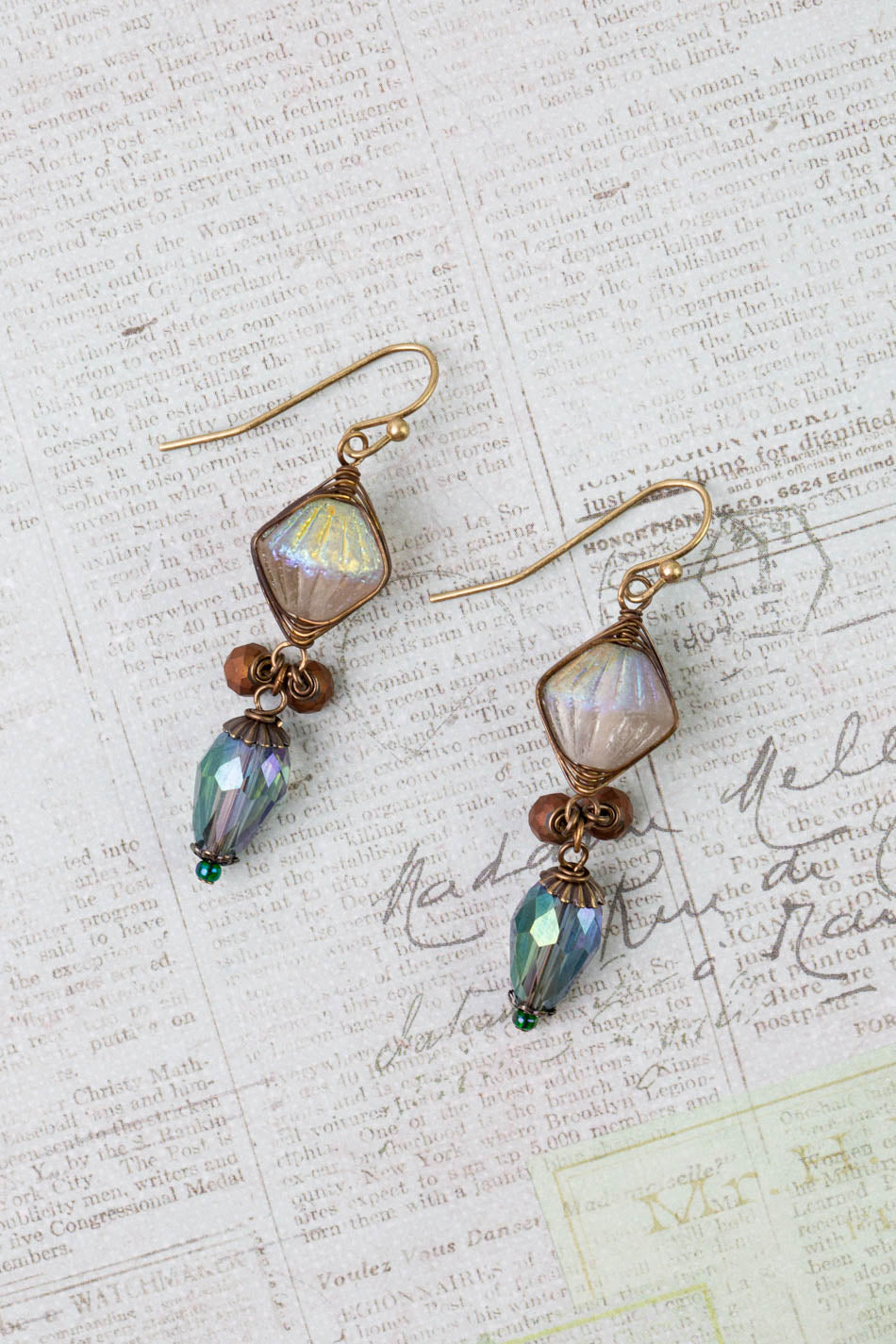 Crisp Autumn Czech Glass, Crystal Dangle Herringbone Earrings