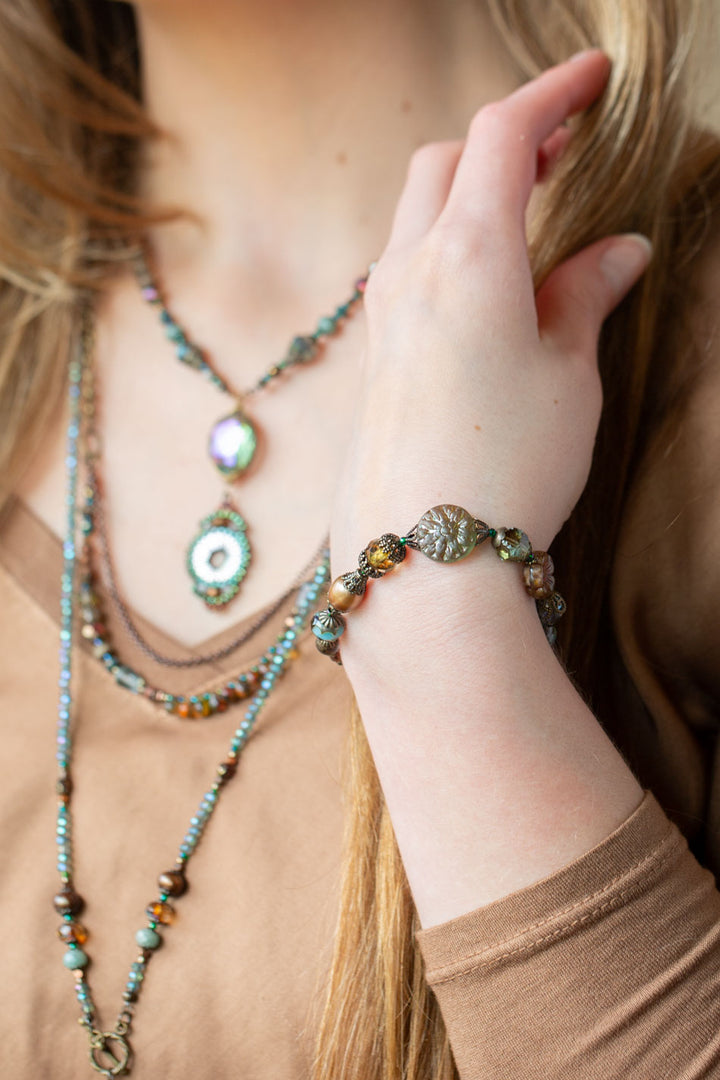 Crisp Autumn 7.5-8.5" Czech Glass, Crystal, Freshwater Pearl Simple Bracelet