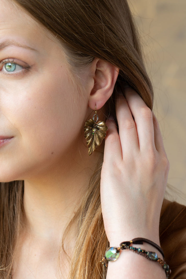 Crisp Autumn Antique Brass Leaf, Crystal Statement Earrings