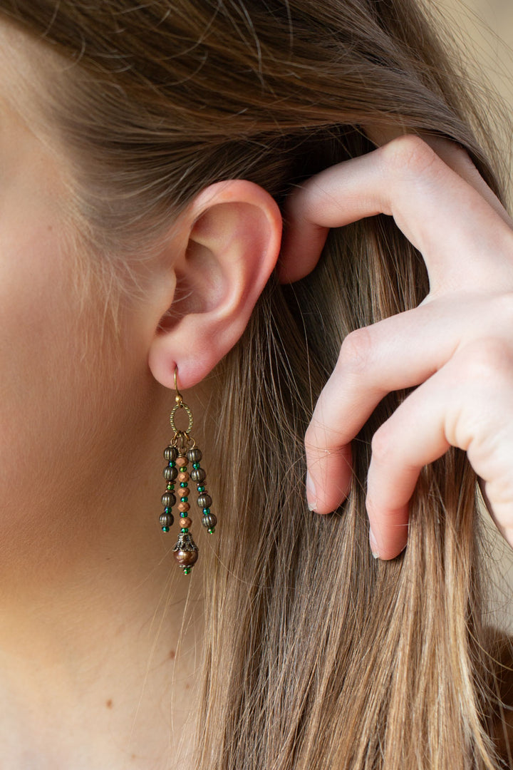Crisp Autumn Czech Glass, Freshwater Pearl Dangle Earrings