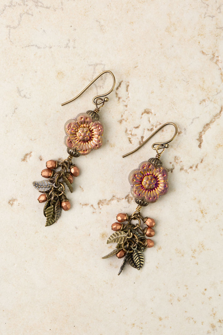 Czech Glass Flower And Leaves Cluster Earrings