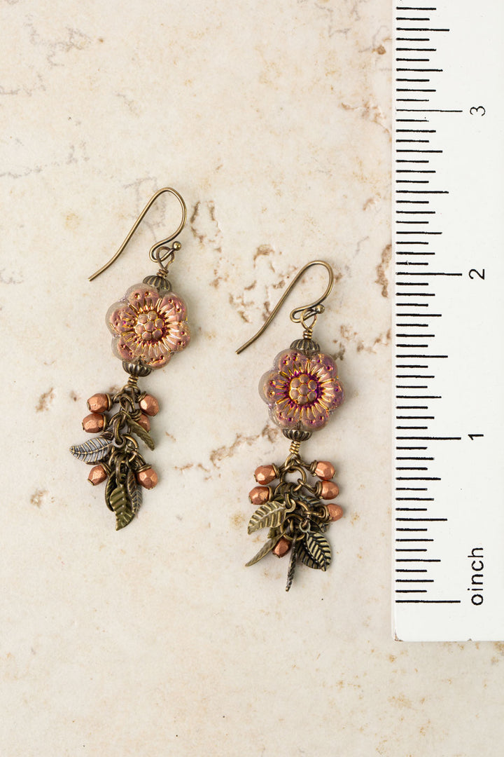 Czech Glass Flower And Leaves Cluster Earrings