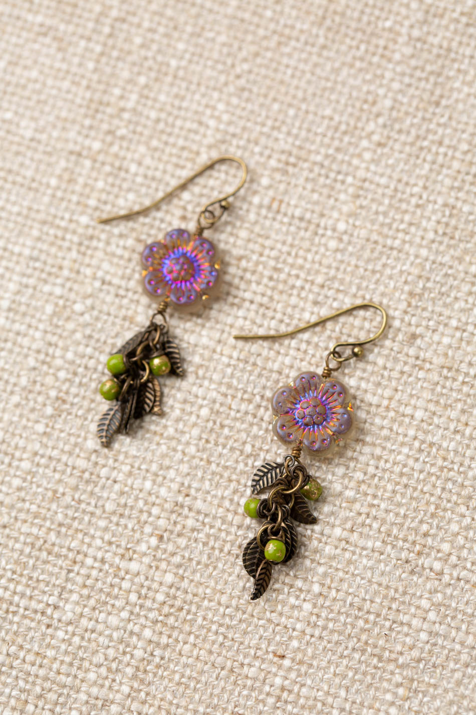 Czech Glass Flower And Leaves Cluster Earrings
