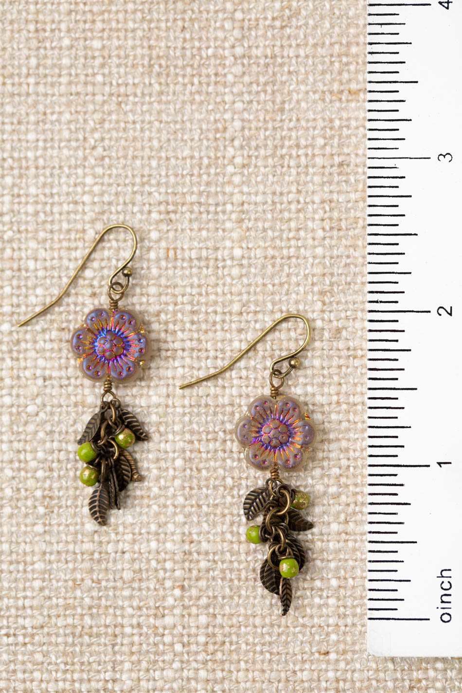 Czech Glass Flower And Leaves Cluster Earrings