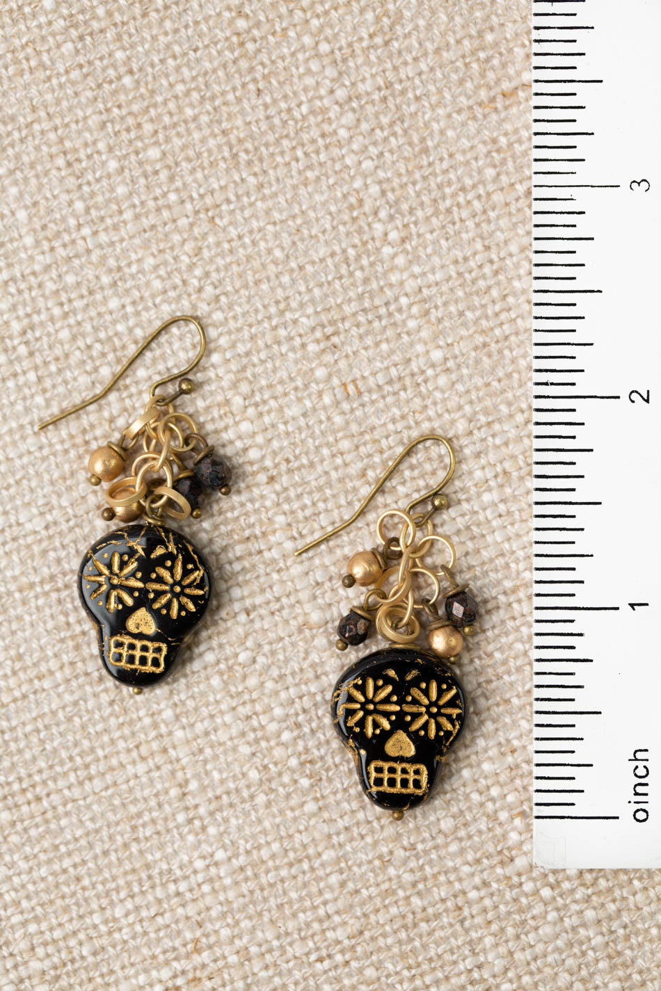 Czech Glass Black And Gold Sugar Skull Statement Earrings