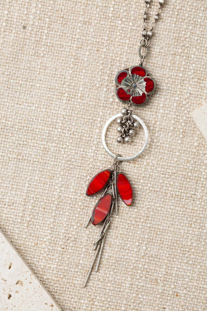 Czech Glass 16-18" Red Flower Tassel Necklace